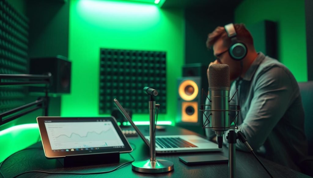 A modern, sleek podcast recording studio set against a backdrop of glowing green hues. In the foreground, a high-tech microphone stands poised, its metallic sheen reflecting the soft lighting. On the desk, a tablet and laptop display analytics and lead conversion data, while a professional podcaster leans in, deep in thought. The middle ground features sound-dampening panels and state-of-the-art audio equipment, conveying a sense of technological sophistication. The background bathes the scene in a futuristic, emerald-tinted glow, creating an immersive and visually captivating atmosphere.