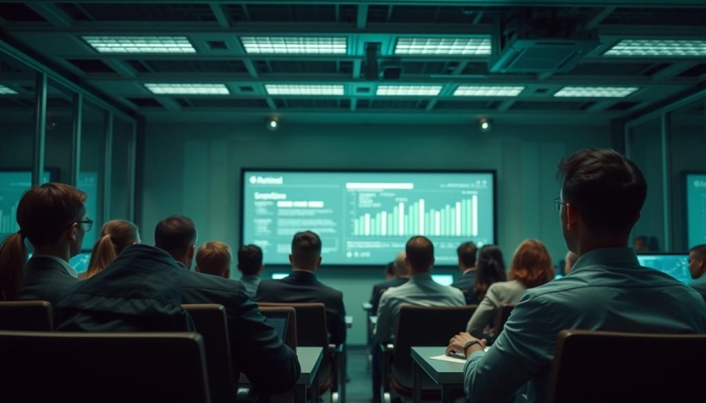 An office setting with a group of professionals in business attire, seated at desks and intently listening to a presentation on a large screen. The lighting is soft and ambient, with a subtle green hue cast across the scene. The perspective is slightly elevated, providing a panoramic view of the engaged audience. The details are sharp and vibrant, conveying a sense of futuristic technology and innovation. The overall atmosphere is one of focus, interest, and the anticipation of valuable insights.