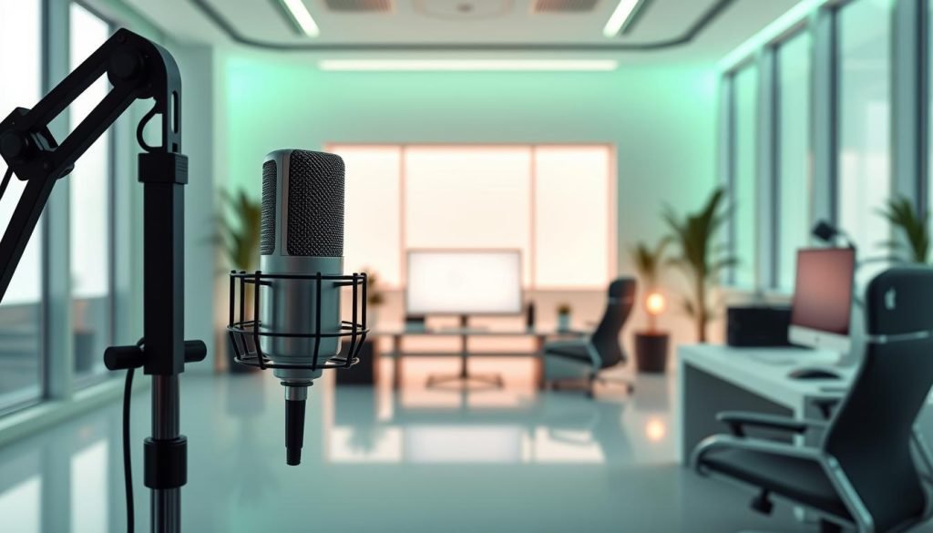 Elegant and futuristic office setting, bathed in a soft green hue. In the foreground, a professional-grade microphone and audio equipment, signifying the power of spoken content for lead generation. The middle ground features a desktop computer, a tablet, and other business tools, suggesting the digital integration of podcast appearances into lead capture. The background showcases a sleek, minimalist workspace with large windows, conveying a sense of innovation and forward-thinking. High-resolution, sharp imagery with a clean, uncluttered composition that captures the essence of leveraging audio content for B2B lead generation.
