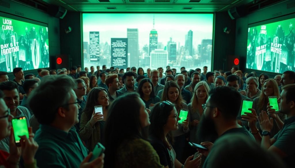 A bustling crowd of podcast enthusiasts gathered in a sleek, modern auditorium, their faces illuminated by the soft glow of mobile devices. The stage is bathed in a futuristic green hue, with holographic displays and cutting-edge audio equipment creating an immersive, high-tech atmosphere. In the foreground, a group of fans eagerly discuss their favorite shows, their animated expressions captured in crisp, high-resolution detail. The middle ground features a diverse array of podcast hosts and influencers, their confident poses and passionate gestures hinting at the rise of podcast fandom. The background is a blurred, yet visually striking cityscape, suggesting the global reach and impact of this rapidly evolving medium. A bustling crowd of podcast enthusiasts gathered in a sleek, modern auditorium, their faces illuminated by the soft glow of mobile devices. The stage is bathed in a futuristic green hue, with holographic displays and cutting-edge audio equipment creating an immersive, high-tech atmosphere. In the foreground, a group of fans eagerly discuss their favorite shows, their animated expressions captured in crisp, high-resolution detail. The middle ground features a diverse array of podcast hosts and influencers, their confident poses and passionate gestures hinting at the rise of podcast fandom. The background is a blurred, yet visually striking cityscape, suggesting the global reach and impact of this rapidly evolving medium.