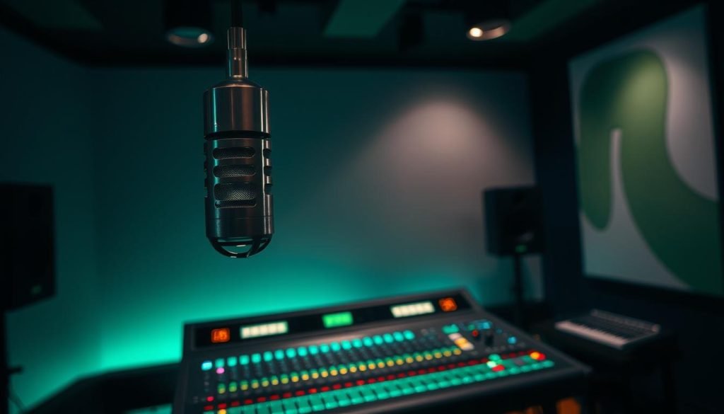 A dimly lit studio with a sleek, futuristic microphone suspended in the foreground, its metallic surface reflecting a soft, emerald glow. In the middle ground, a high-tech audio mixing console with rows of glowing knobs and sliders, hinting at the intricate control over the soundscape. The background features a minimalist, abstract mural in shades of green, evoking a sense of technological innovation and creativity. The overall atmosphere is one of contemporary, cutting-edge audio production, capturing the essence of "watchable audio content" in a visually captivating manner.