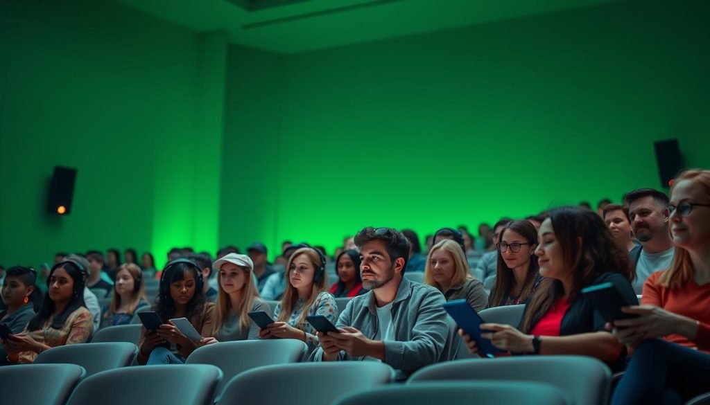 A diverse audience of podcast listeners of varying ages, ethnicities, and genders, sitting in a modern, minimalist amphitheater with sleek, curved seating arrangements. Soft green lighting bathes the scene, creating a futuristic, serene atmosphere. The listeners are engaged, leaning forward with attentive expressions, their faces illuminated by the glow of their digital devices. The stage in the background is empty, the focus entirely on the audience, highlighting their pivotal role in the growth and success of the podcast medium. A diverse audience of podcast listeners of varying ages, ethnicities, and genders, sitting in a modern, minimalist amphitheater with sleek, curved seating arrangements. Soft green lighting bathes the scene, creating a futuristic, serene atmosphere. The listeners are engaged, leaning forward with attentive expressions, their faces illuminated by the glow of their digital devices. The stage in the background is empty, the focus entirely on the audience, highlighting their pivotal role in the growth and success of the podcast medium.
