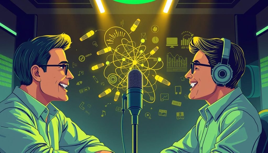 A futuristic illustration showcasing the benefits of podcast guesting. In the foreground, a host and guest engage in an animated discussion, their faces illuminated by a warm, green-tinged light. The middle ground features a tangle of microphones, sound waves, and data visualizations, symbolizing the transfer of knowledge and influence. In the background, a sleek, minimalist setup with a glossy microphone and soundproofing panels, conveying a professional, high-tech atmosphere. The overall scene radiates a sense of progress, connection, and the power of thought leadership. A futuristic illustration showcasing the benefits of podcast guesting. In the foreground, a host and guest engage in an animated discussion, their faces illuminated by a warm, green-tinged light. The middle ground features a tangle of microphones, sound waves, and data visualizations, symbolizing the transfer of knowledge and influence. In the background, a sleek, minimalist setup with a glossy microphone and soundproofing panels, conveying a professional, high-tech atmosphere. The overall scene radiates a sense of progress, connection, and the power of thought leadership.