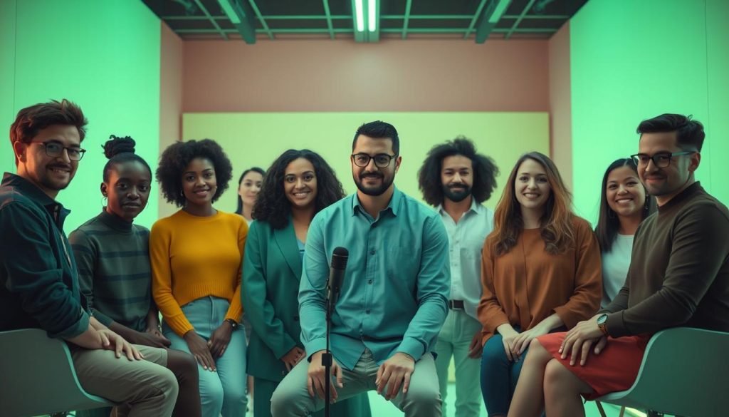 A group of diverse individuals, each representing a key segment of the podcast's target audience, gathered in a modern, minimalist studio setting. The scene is bathed in a soothing green hue, conveying a sense of progress and innovation. The subjects are portrayed in a clean, sharp manner, their expressions and body language suggesting active engagement and interest. The overall atmosphere is futuristic and aspirational, reflecting the forward-thinking nature of the podcast's content and marketing strategy. A group of diverse individuals, each representing a key segment of the podcast's target audience, gathered in a modern, minimalist studio setting. The scene is bathed in a soothing green hue, conveying a sense of progress and innovation. The subjects are portrayed in a clean, sharp manner, their expressions and body language suggesting active engagement and interest. The overall atmosphere is futuristic and aspirational, reflecting the forward-thinking nature of the podcast's content and marketing strategy.