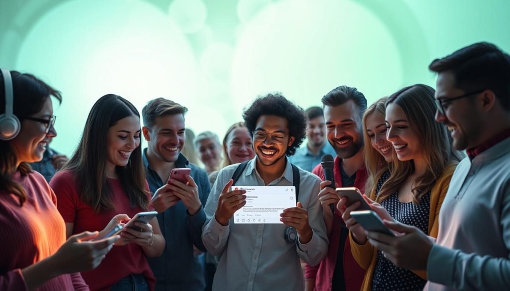A group of diverse podcast fans enthusiastically engaging on a sleek, futuristic social media platform. In the foreground, people of various ages and backgrounds are sharing thoughts, liking posts, and exchanging comments with animated expressions, illuminated by the warm glow of their devices. The middle ground features a clean, minimalist interface with intuitive icons and controls, reflecting the advanced nature of the platform. The background is shrouded in a subtle green hue, conveying a sense of technological progress and innovation. The overall image exudes a high-resolution, sharp, and visually striking atmosphere, capturing the dynamic nature of podcast fan engagement in the year 2025. A group of diverse podcast fans enthusiastically engaging on a sleek, futuristic social media platform. In the foreground, people of various ages and backgrounds are sharing thoughts, liking posts, and exchanging comments with animated expressions, illuminated by the warm glow of their devices. The middle ground features a clean, minimalist interface with intuitive icons and controls, reflecting the advanced nature of the platform. The background is shrouded in a subtle green hue, conveying a sense of technological progress and innovation. The overall image exudes a high-resolution, sharp, and visually striking atmosphere, capturing the dynamic nature of podcast fan engagement in the year 2025.