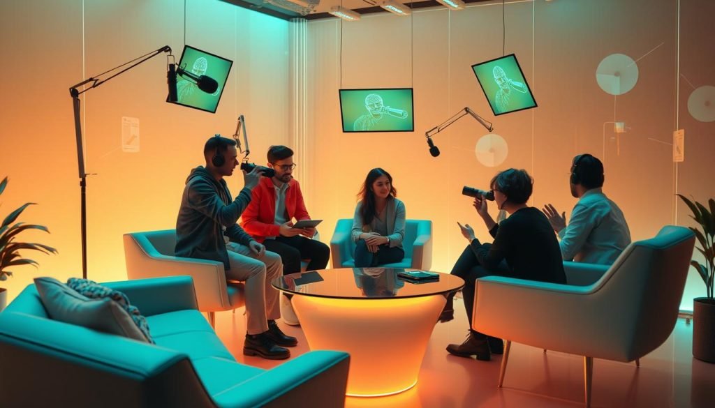 A group of people collaborating around a futuristic, holographic podcast recording studio. The scene is bathed in a warm, verdant glow, with sleek, angular furniture and advanced, floating audio equipment. Microphones and screens hover mid-air, creating an immersive, high-tech atmosphere. The figures are engaged in dynamic discussion, their gestures and expressions conveying a sense of creative energy and intellectual exchange. The image exudes a polished, cutting-edge aesthetic that evokes the innovative, collaborative spirit of modern podcast production.