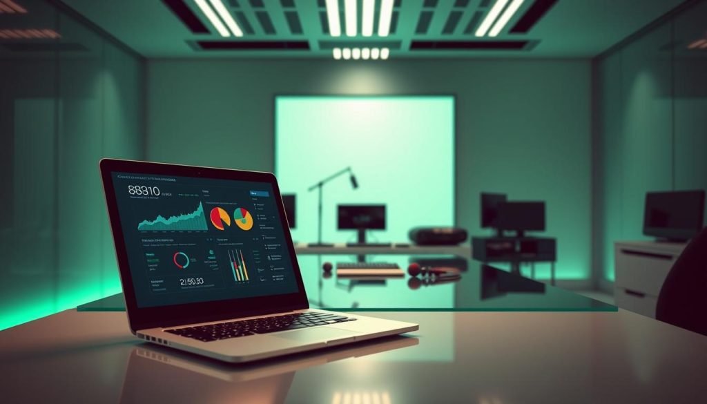 A modern, high-tech office setting with a minimalist aesthetic. In the foreground, a laptop screen displays data visualizations and charts, representing the metrics and analytics of podcast marketing ROI. The middle ground features a sleek, glass-topped desk with a professional-grade microphone and audio equipment, hinting at the podcast production process. The background is bathed in a serene, futuristic green hue, conveying a sense of technological innovation and growth. The lighting is soft and directional, accentuating the clean lines and modern design elements. The overall mood is one of precision, clarity, and the pursuit of data-driven insights to drive podcast marketing success. A modern, high-tech office setting with a minimalist aesthetic. In the foreground, a laptop screen displays data visualizations and charts, representing the metrics and analytics of podcast marketing ROI. The middle ground features a sleek, glass-topped desk with a professional-grade microphone and audio equipment, hinting at the podcast production process. The background is bathed in a serene, futuristic green hue, conveying a sense of technological innovation and growth. The lighting is soft and directional, accentuating the clean lines and modern design elements. The overall mood is one of precision, clarity, and the pursuit of data-driven insights to drive podcast marketing success.