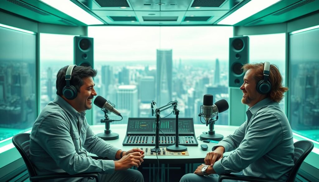 A modern, well-equipped podcast studio set against a sleek, futuristic backdrop. In the foreground, two hosts sit side by side, engaged in an animated discussion, their expressions conveying a sense of creative collaboration. The studio is bathed in a soft, green-hued lighting, accentuating the high-tech atmosphere. Cutting-edge microphones, sound panels, and a state-of-the-art mixing console fill the mid-ground, hinting at the technological sophistication of the podcast production. The background features a panoramic view of a dynamic, urban skyline, suggesting the global, interconnected nature of the medium. The overall image exudes a sense of innovation, professionalism, and the seamless fusion of human interaction and technological advancement.