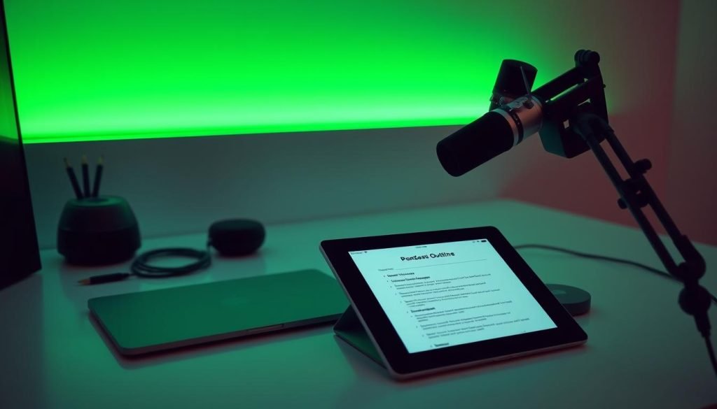 A neatly organized workspace, with a high-quality microphone and headphones positioned on a sleek, minimalist desk. Soft, ambient lighting casts a green hue across the scene, creating a futuristic, professional atmosphere. In the foreground, a tablet or laptop displays a podcast interview outline, hinting at the preparation process. The background features a clean, uncluttered wall, emphasizing the focus on the essential elements needed for a successful podcast interview. The overall composition conveys a sense of anticipation and readiness, reflecting the "Defining Your Podcast Guesting Niche" section of the article.