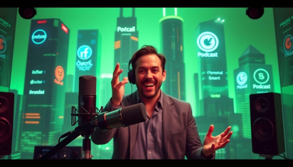 A podcast studio set against a futuristic cityscape, bathed in a vibrant green hue. In the foreground, a professional-grade microphone stands poised, surrounded by sleek audio equipment. In the middle ground, a host gestures animatedly, their face captured in a high-resolution, sharp image. The background features towering skyscrapers, their facades adorned with holographic displays showcasing podcast logos and branding. The overall atmosphere is one of innovation, technology, and the power of podcasting to drive business growth.