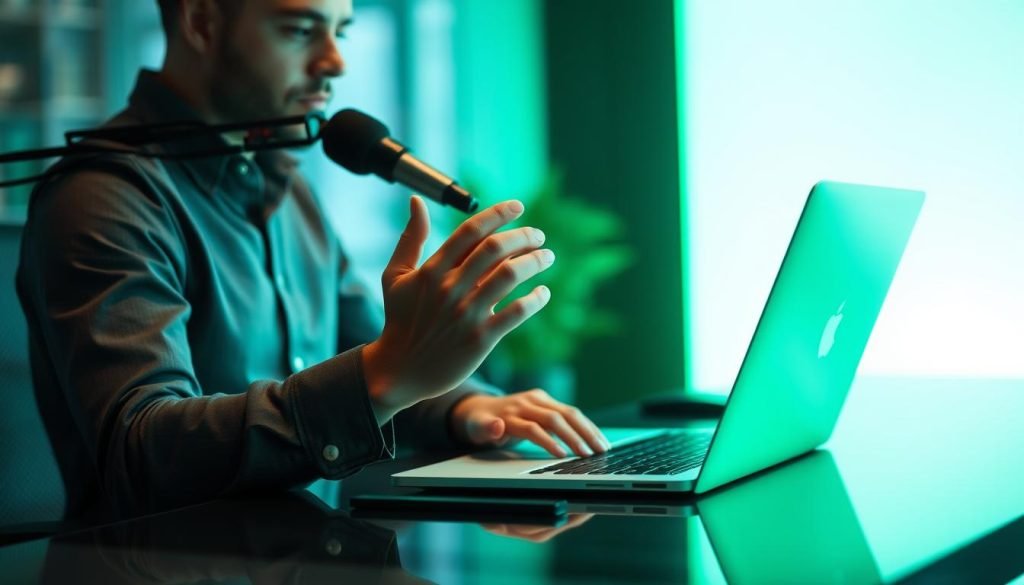 A professional podcaster sits at a sleek, modern desk, illuminated by a soft green glow. Their hands hover over a laptop, crafting the perfect pitch to land a coveted guest spot on an influential show. The background is blurred, emphasizing the podcaster's focused expression and the tech-savvy setup. The scene conveys a sense of strategic planning, innovation, and a vision for the future of podcast guest appearances.