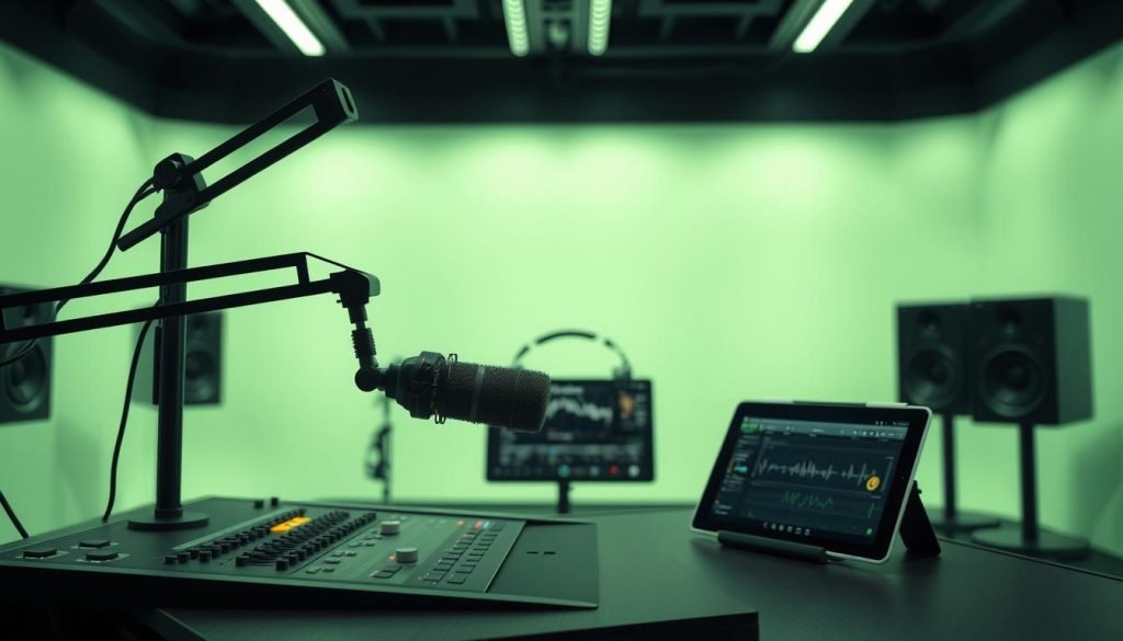 A sleek, futuristic studio setting with an array of modern podcast equipment. In the foreground, a high-quality microphone on a flexible boom arm, surrounded by a minimalist control panel with touch-sensitive controls. In the middle ground, a pair of wireless headphones and a tablet displaying podcast waveforms and metadata. The background features a backdrop of soft, diffused lighting, creating a warm, inviting ambiance. The entire scene is bathed in a subtle green hue, conveying a sense of innovation and technological advancement. The image exudes a clean, sharp aesthetic, reflecting the evolution of podcast formats for a modern, discerning audience.
