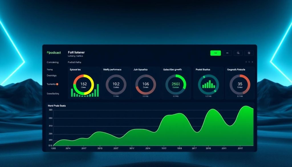 A sleek, modern dashboard displaying comprehensive podcast download metrics. In the foreground, a stylized graph showcases the weekly listener trends, rendered in a vibrant green hue. The middle ground features an array of circular metrics, each providing a detailed breakdown of episode performance, subscriber growth, and geographic distribution. The background is a minimalist, futuristic landscape, bathed in a cool, techno-inspired lighting that amplifies the high-resolution, futuristic aesthetic. The overall composition conveys a sense of analytical precision and data-driven insights, perfectly aligned with the "Tracking Podcast Listener Engagement Metrics" section of the article. A sleek, modern dashboard displaying comprehensive podcast download metrics. In the foreground, a stylized graph showcases the weekly listener trends, rendered in a vibrant green hue. The middle ground features an array of circular metrics, each providing a detailed breakdown of episode performance, subscriber growth, and geographic distribution. The background is a minimalist, futuristic landscape, bathed in a cool, techno-inspired lighting that amplifies the high-resolution, futuristic aesthetic. The overall composition conveys a sense of analytical precision and data-driven insights, perfectly aligned with the "Tracking Podcast Listener Engagement Metrics" section of the article.