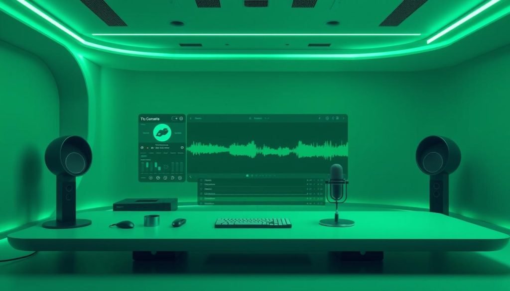 A sleek, modern podcast editing suite with a clean, minimalist interface bathed in a soothing green hue. Intuitive controls and advanced features float in mid-air, projected holographically against a backdrop of futuristic technology. Smooth curves, metallic accents, and a calming ambiance evoke a sense of effortless productivity, guiding the user through the creative process. Crisp, high-resolution details and a touch of sci-fi allure capture the essence of a cutting-edge podcast workflow, ready to tackle the challenges of the future. A sleek, modern podcast editing suite with a clean, minimalist interface bathed in a soothing green hue. Intuitive controls and advanced features float in mid-air, projected holographically against a backdrop of futuristic technology. Smooth curves, metallic accents, and a calming ambiance evoke a sense of effortless productivity, guiding the user through the creative process. Crisp, high-resolution details and a touch of sci-fi allure capture the essence of a cutting-edge podcast workflow, ready to tackle the challenges of the future.