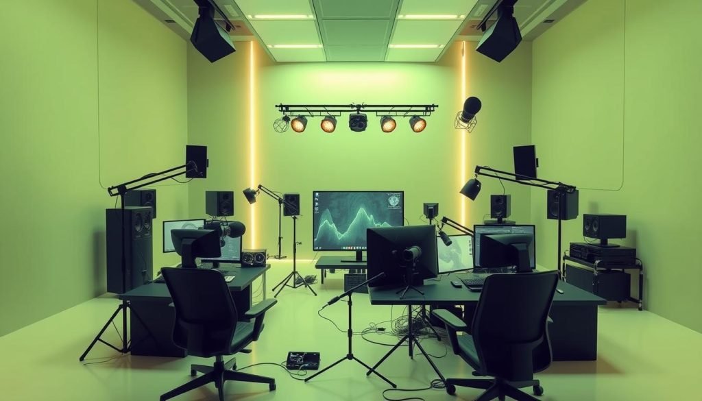 A sleek, modern video podcast studio with minimalist design elements. High-tech computers, microphones, and lighting equipment arranged in a clean, organized layout. Warm green tones wash over the scene, giving it a futuristic, slightly ethereal atmosphere. The layout is designed for efficiency and functionality, with a focus on the essential tools needed for recording and producing high-quality podcast content. The overall impression is one of a professional, cutting-edge space where Gen X content creators can embrace the growing trend towards watchable audio experiences.