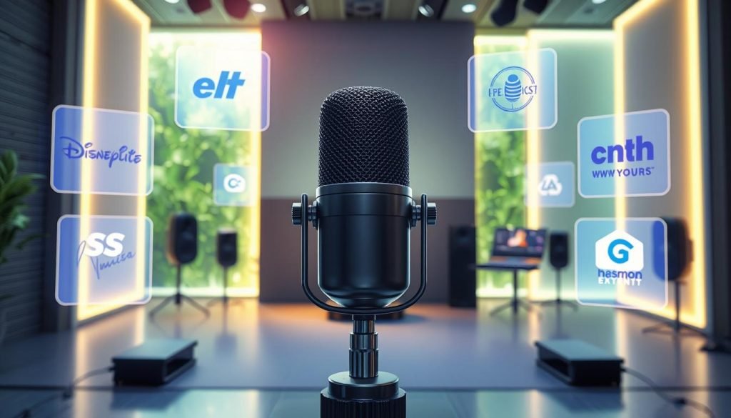 A vibrant, futuristic scene depicting several podcast sponsorship opportunities. In the foreground, a sleek, high-tech microphone surrounded by floating holographic display panels showcasing various brand logos. The middle ground features a minimalist, yet sophisticated studio setup with sound-absorbing panels and state-of-the-art audio equipment. The background is bathed in a serene, verdant glow, suggesting a sense of growth, innovation, and technology-driven brand awareness. The overall composition conveys a clean, sharp, and high-resolution aesthetic, hinting at the boundless potential of podcast sponsorships as a powerful marketing channel in the years to come. A vibrant, futuristic scene depicting several podcast sponsorship opportunities. In the foreground, a sleek, high-tech microphone surrounded by floating holographic display panels showcasing various brand logos. The middle ground features a minimalist, yet sophisticated studio setup with sound-absorbing panels and state-of-the-art audio equipment. The background is bathed in a serene, verdant glow, suggesting a sense of growth, innovation, and technology-driven brand awareness. The overall composition conveys a clean, sharp, and high-resolution aesthetic, hinting at the boundless potential of podcast sponsorships as a powerful marketing channel in the years to come.
