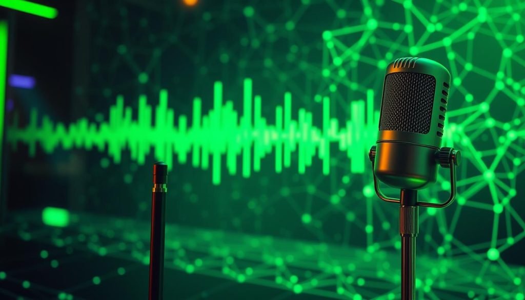 A vibrant, futuristic visualization of the burgeoning podcasting industry, bathed in a captivating green hue. In the foreground, a dynamic microphone stands tall, symbolizing the power of the spoken word. The middle ground showcases a sleek, holographic representation of audio waveforms, pulsing with the rhythm of the medium. In the background, a network of interconnected nodes and circuits weaves an intricate tapestry, representing the digital infrastructure that enables the rapid growth and accessibility of podcasts. The high-resolution image conveys a sense of innovation, progress, and the ever-expanding reach of this transformative medium, particularly among female listeners. A vibrant, futuristic visualization of the burgeoning podcasting industry, bathed in a captivating green hue. In the foreground, a dynamic microphone stands tall, symbolizing the power of the spoken word. The middle ground showcases a sleek, holographic representation of audio waveforms, pulsing with the rhythm of the medium. In the background, a network of interconnected nodes and circuits weaves an intricate tapestry, representing the digital infrastructure that enables the rapid growth and accessibility of podcasts. The high-resolution image conveys a sense of innovation, progress, and the ever-expanding reach of this transformative medium, particularly among female listeners.