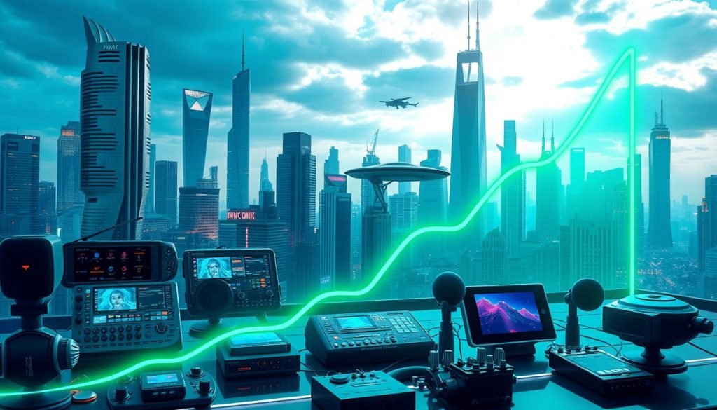 A vibrant, futuristic visualization of the exponential growth in podcast advertising revenue. In the foreground, a sleek, holographic graph displays an upward trending line, its green hue illuminating the scene. The middle ground features an array of futuristic podcasting devices, their advanced interfaces and displays suggesting the cutting-edge technology powering the industry. In the background, a cityscape of towering skyscrapers and hovercraft creates a sense of dynamic, urban progress. The overall atmosphere is one of innovation, momentum, and the unstoppable rise of podcasting as a powerful advertising medium. A vibrant, futuristic visualization of the exponential growth in podcast advertising revenue. In the foreground, a sleek, holographic graph displays an upward trending line, its green hue illuminating the scene. The middle ground features an array of futuristic podcasting devices, their advanced interfaces and displays suggesting the cutting-edge technology powering the industry. In the background, a cityscape of towering skyscrapers and hovercraft creates a sense of dynamic, urban progress. The overall atmosphere is one of innovation, momentum, and the unstoppable rise of podcasting as a powerful advertising medium.