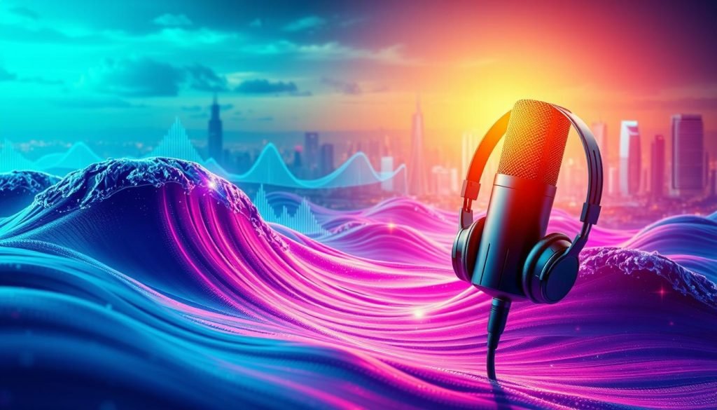 A vibrant landscape of digital waves, undulating with the pulse of the podcast industry's exponential growth. In the foreground, a sleek microphone and headphones seemingly float, bathed in a warm, verdant glow. The middle ground showcases a dynamic array of audio waveforms, visually communicating the rising tides of content and audience engagement. The background unveils a futuristic cityscape, its skyscrapers and infrastructure embodying the technological advancements that drive the podcast revolution. A high-resolution, clean, and sharp image that encapsulates the evolving and thriving nature of the podcast landscape.
