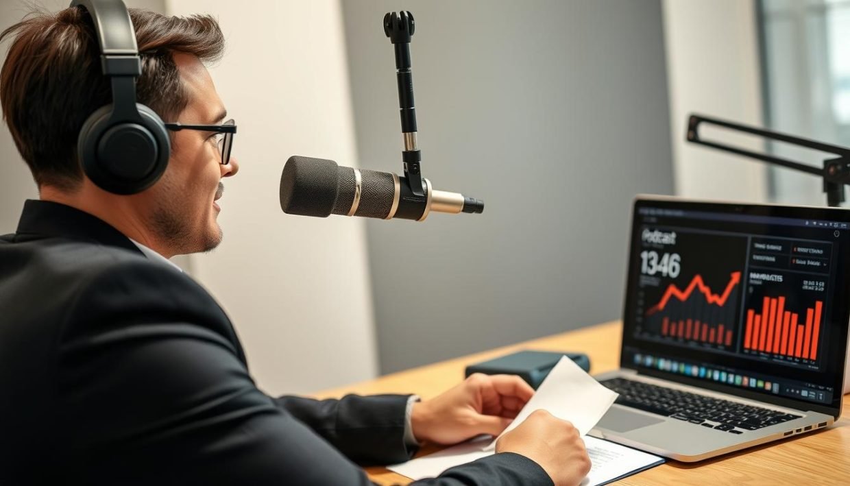 Business professional preparing for a podcast interview with notes and equipment