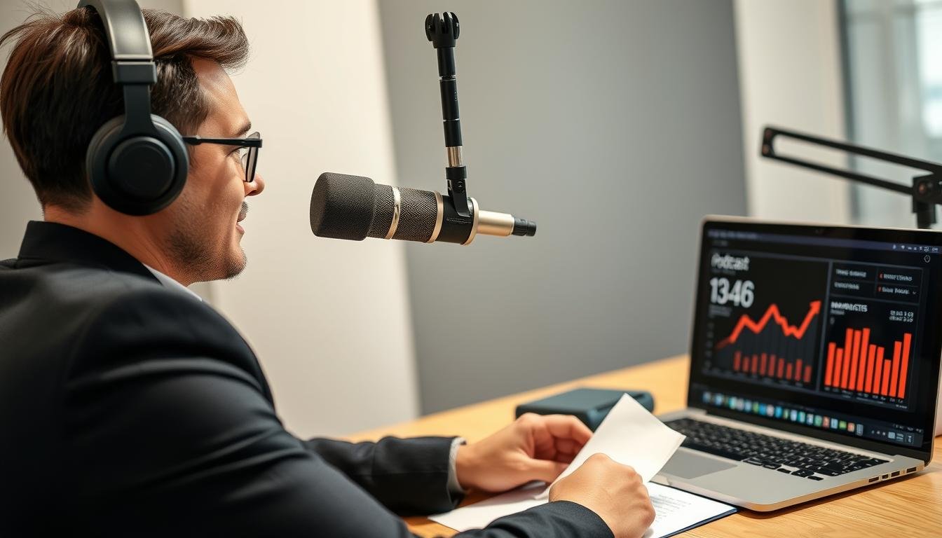 Business professional preparing for a podcast interview with notes and equipment