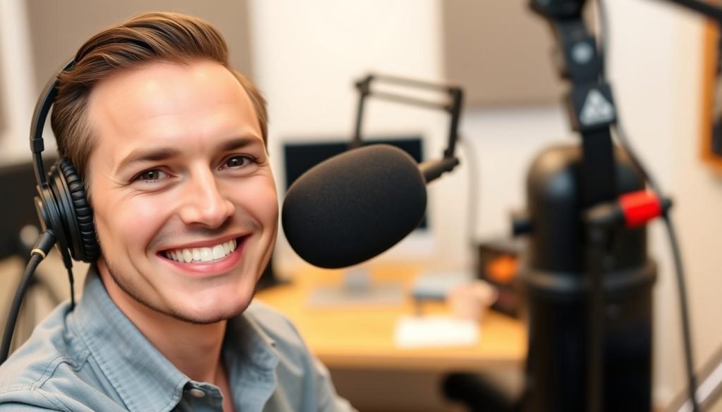 Confident podcast guest smiling after successful interview Confident podcast guest smiling after successful interview