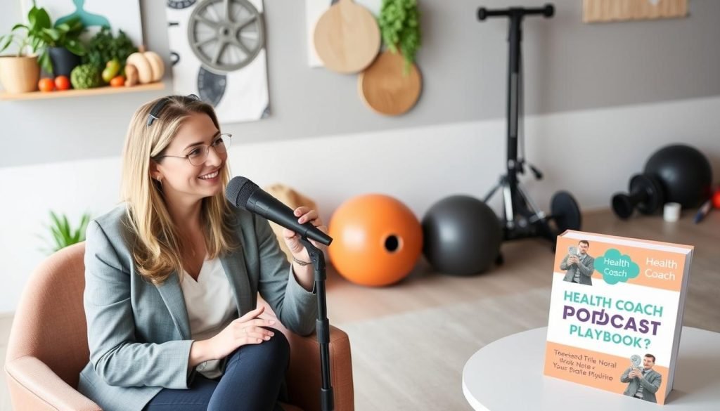 Health coach being interviewed on a wellness podcast Health coach being interviewed on a wellness podcast