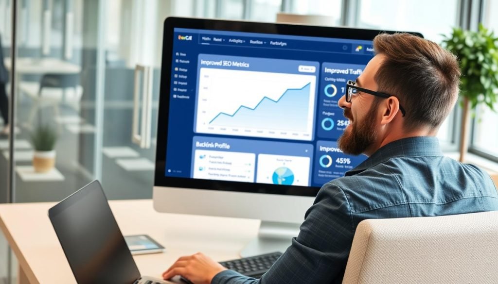 Marketer reviewing analytics showing improved SEO performance after implementing podcast guest backlinks strategy