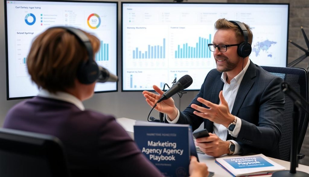 Marketing agency owner discussing strategies on a business podcast Marketing agency owner discussing strategies on a business podcast