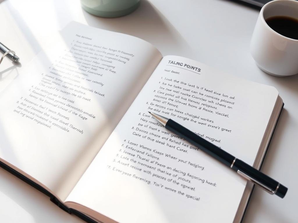 Notebook with organized talking points for a podcast interview Notebook with organized talking points for a podcast interview