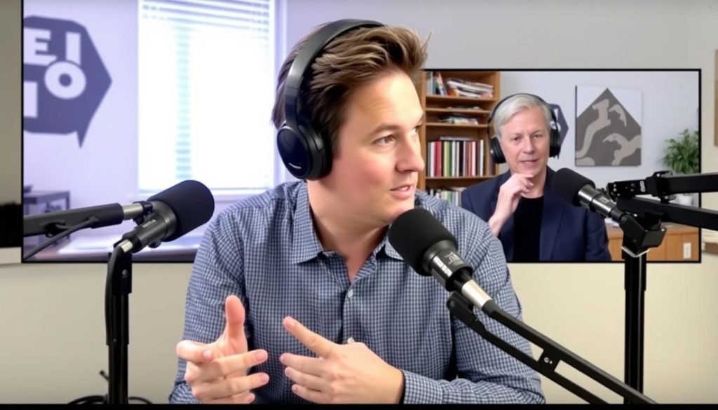 Person demonstrating active listening during a podcast interview Person demonstrating active listening during a podcast interview