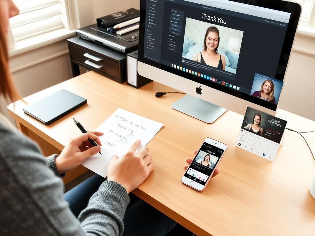 Person following up after a podcast interview with thank you note and social media promotion Person following up after a podcast interview with thank you note and social media promotion