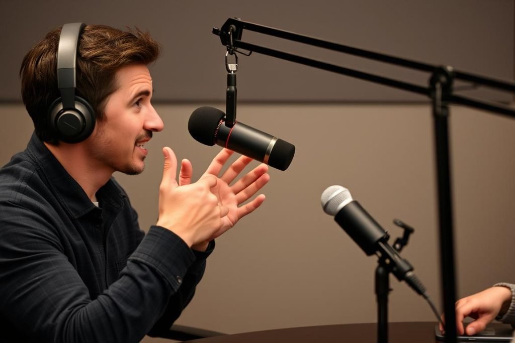 Person gesturing while telling an engaging story during a podcast interview Person gesturing while telling an engaging story during a podcast interview