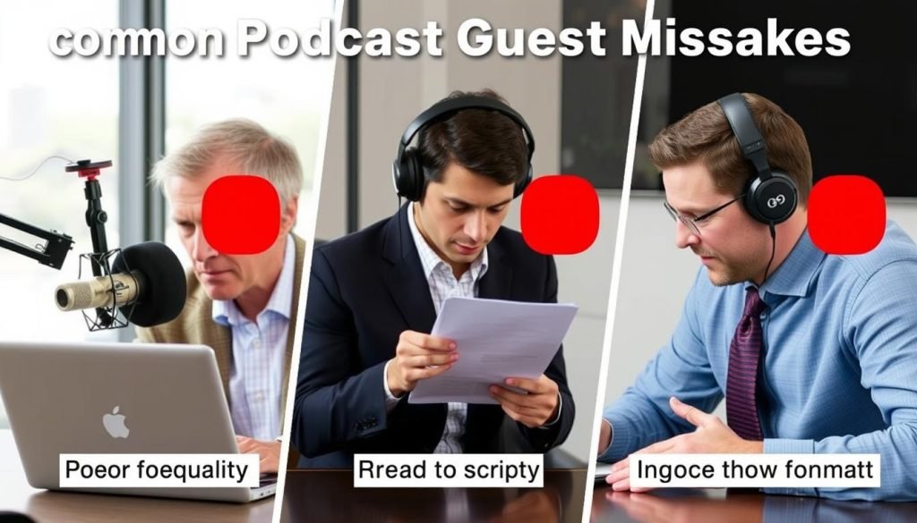 Person making common podcast guest mistakes with red X overlay Person making common podcast guest mistakes with red X overlay