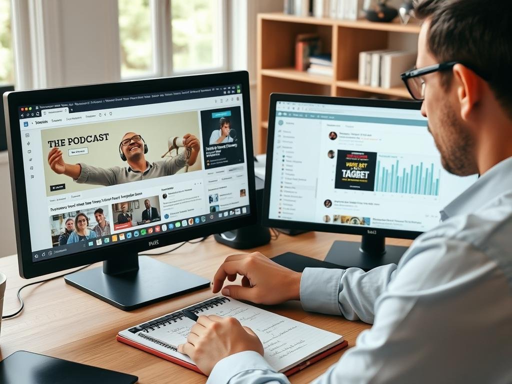 Person researching a podcast before appearing as a guest Person researching a podcast before appearing as a guest