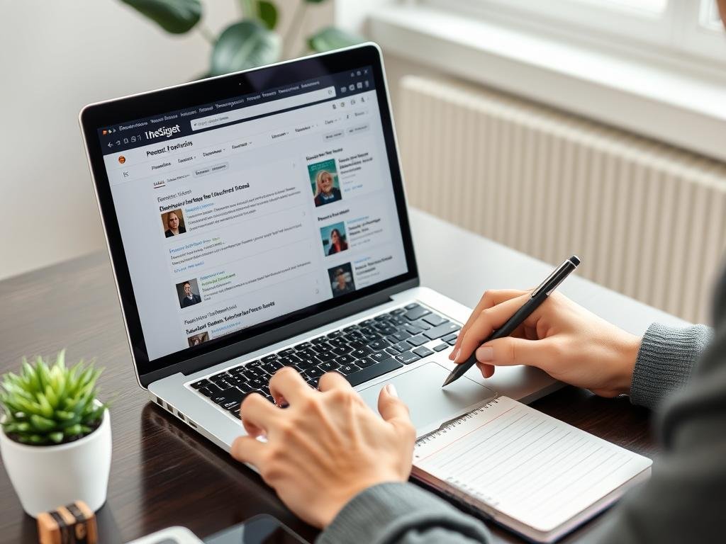 Person researching podcast opportunities on a laptop showing podcast directories and search results