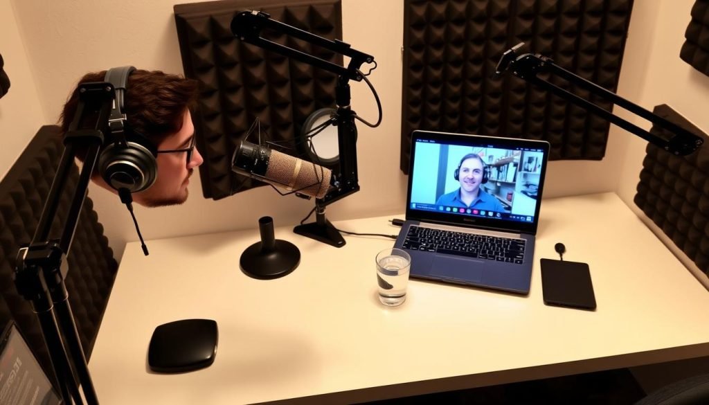 Professional podcast guest setup with quality microphone on a desk with soundboard around NO people Professional podcast guest setup with quality microphone on a desk with soundboard around NO people