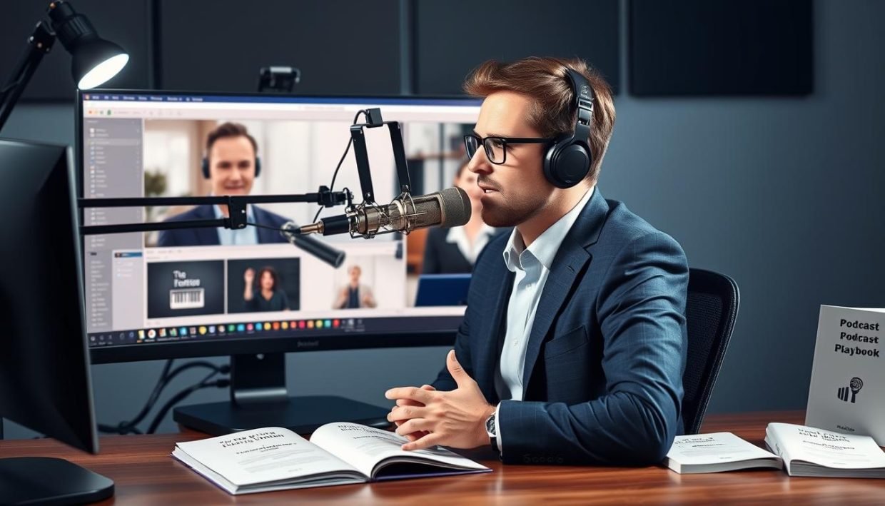 Professional recording a podcast interview remotely with specialized equipment