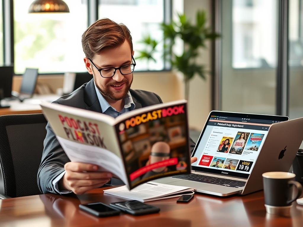 Professional reviewing a Podcast Playbook at their desk Professional reviewing a Podcast Playbook at their desk
