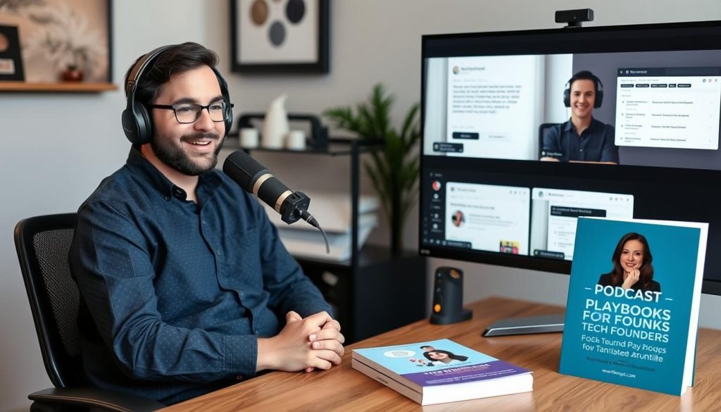 Tech founder being interviewed on a SaaS podcast Tech founder being interviewed on a SaaS podcast