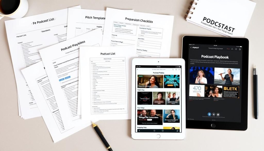 The components of a Podcast Playbook laid out on a desk The components of a Podcast Playbook laid out on a desk