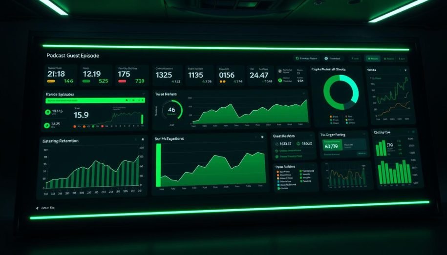 A sleek, futuristic dashboard glows with a vibrant green hue, displaying a comprehensive overview of podcast guest episode performance data. Intricate visualizations, charts, and graphs present a wealth of insights, from audience engagement metrics to listener retention rates. The layout is clean and minimalist, with a focus on high-resolution, sharp imagery that conveys a sense of professionalism and technological sophistication. Smooth, angular lines and a moody, atmospheric lighting create a visually striking and immersive experience, inviting the viewer to delve deeper into the insights offered by this powerful data-driven tool.