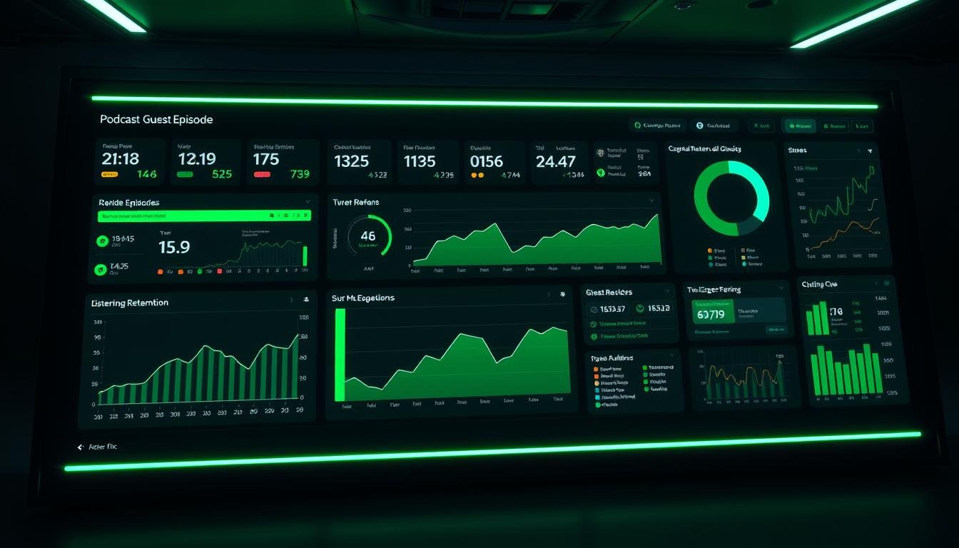 A sleek, futuristic dashboard glows with a vibrant green hue, displaying a comprehensive overview of podcast guest episode performance data. Intricate visualizations, charts, and graphs present a wealth of insights, from audience engagement metrics to listener retention rates. The layout is clean and minimalist, with a focus on high-resolution, sharp imagery that conveys a sense of professionalism and technological sophistication. Smooth, angular lines and a moody, atmospheric lighting create a visually striking and immersive experience, inviting the viewer to delve deeper into the insights offered by this powerful data-driven tool.