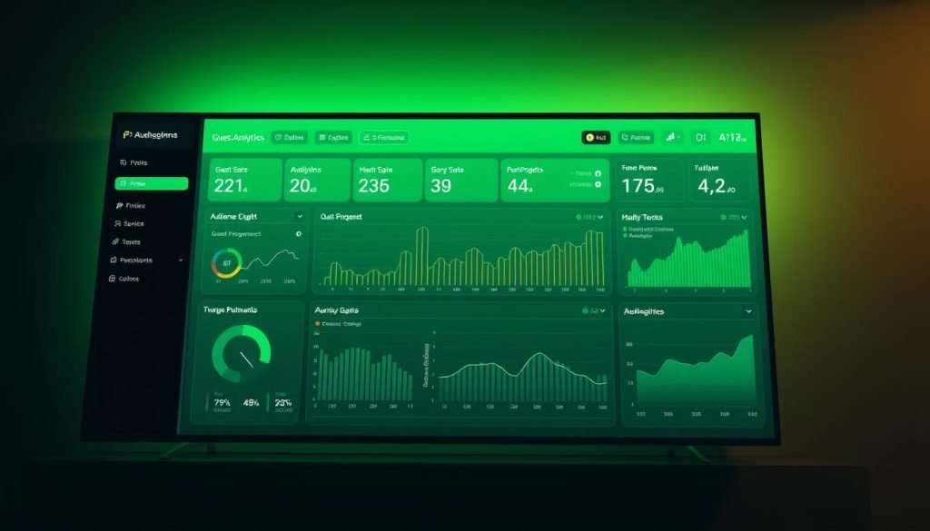 A sleek, high-resolution dashboard showcasing podcast guest analytics data. The display features a clean, minimalist design with a green hue that creates a futuristic atmosphere. Detailed metrics are presented in a well-organized layout, including audience engagement, guest performance, and audience demographics. The dashboard is illuminated by soft, directional lighting that casts subtle shadows, emphasizing the depth and precision of the data visualizations. The overall impression is one of a powerful, data-driven tool that provides valuable insights for podcast producers and their teams. A sleek, high-resolution dashboard showcasing podcast guest analytics data. The display features a clean, minimalist design with a green hue that creates a futuristic atmosphere. Detailed metrics are presented in a well-organized layout, including audience engagement, guest performance, and audience demographics. The dashboard is illuminated by soft, directional lighting that casts subtle shadows, emphasizing the depth and precision of the data visualizations. The overall impression is one of a powerful, data-driven tool that provides valuable insights for podcast producers and their teams.