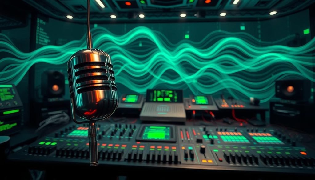 A sleek, metallic microphone hovers in the foreground, its surface gleaming with an otherworldly sheen. In the middle ground, a sprawling array of futuristic audio equipment and controls, their displays casting a mesmerizing green glow across the scene. The background is dominated by a vast, holographic interface, with undulating waves of data and visuals that suggest the power and complexity of synthetic voice technology. The overall atmosphere is one of clinical precision and technological prowess, hinting at the potential impact of AI-powered podcasts on authentic human communication.