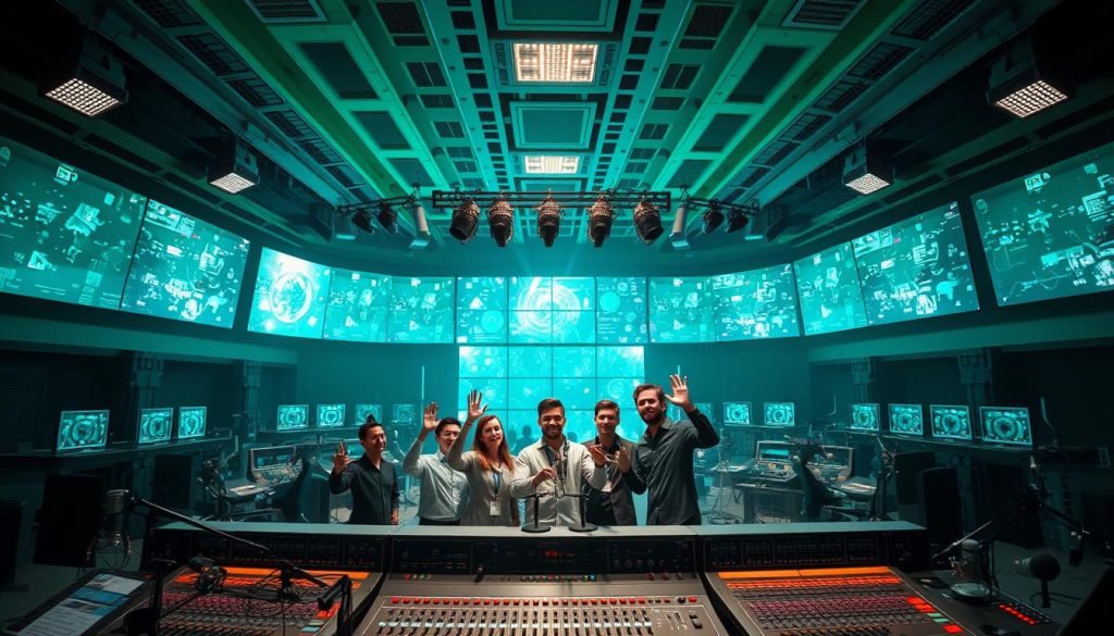 A vast, cavernous studio filled with cutting-edge audio equipment and futuristic holographic displays. In the center, a group of podcasters gestures animatedly, their faces aglow with the promise of AI-powered content creation. The space is bathed in a verdant hue, conveying a sense of innovation and technological advancement. Sleek, angular microphones and soundboards populate the foreground, while the background teems with an array of high-resolution screens showcasing dynamic, data-driven visuals. The overall atmosphere is one of excitement and anticipation, as the podcast revolution ushers in a new era of AI-generated audio content.