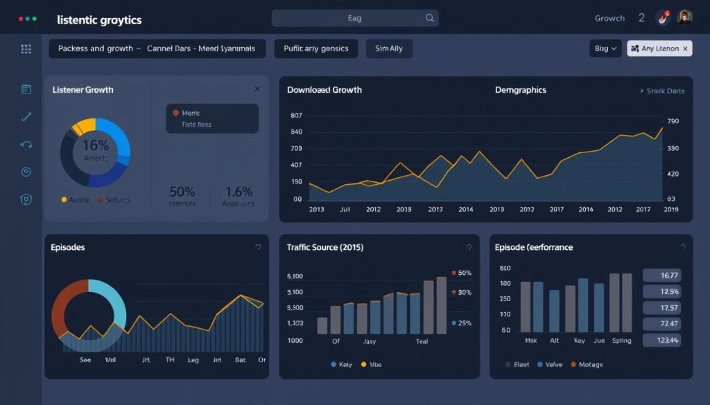 Podcast analytics dashboard showing listener growth metrics and channel performance