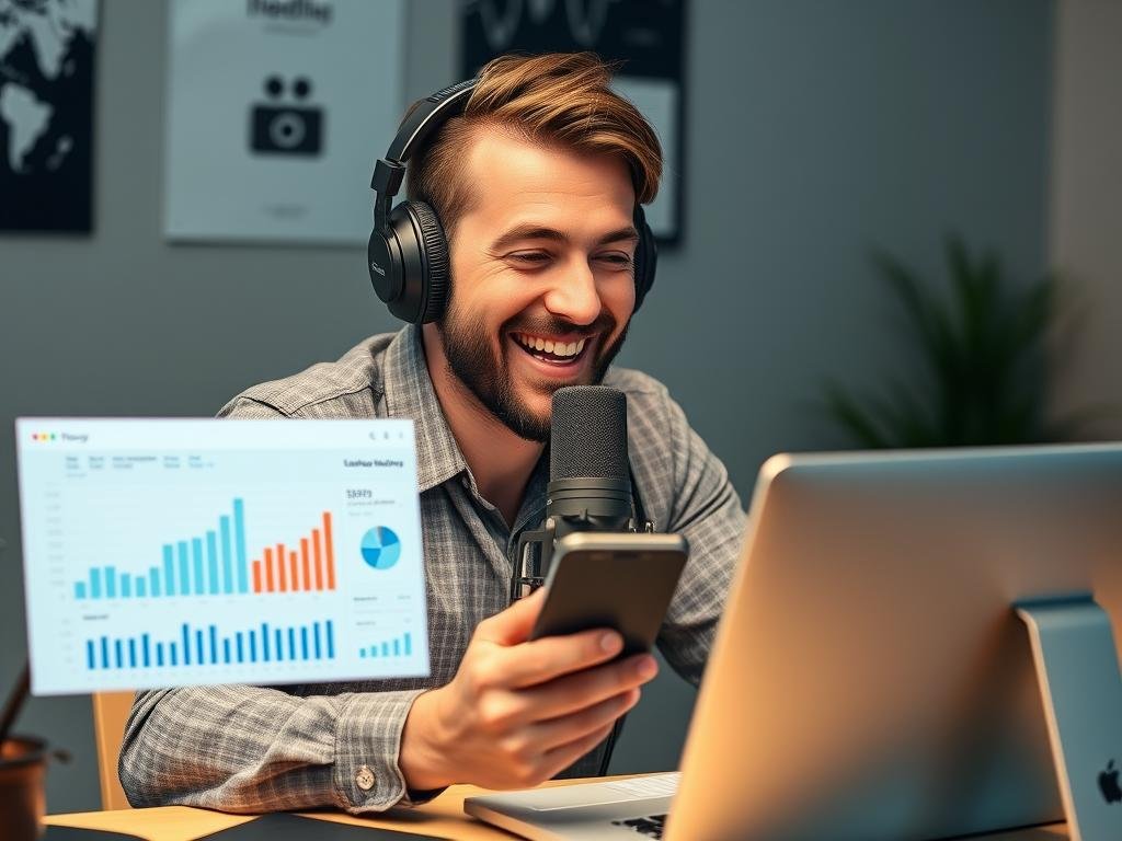 Podcast host celebrating increased listener metrics and audience growth