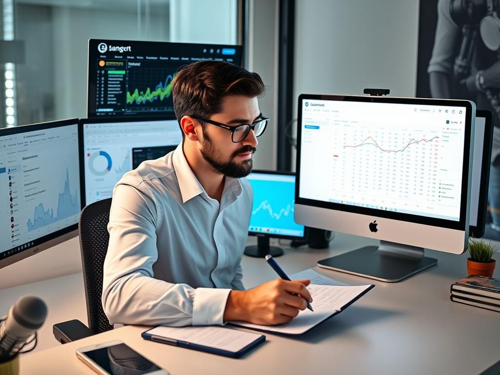 Podcast host researching potential guests on social media and analytics platforms