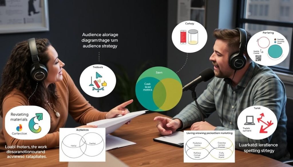 Podcast hosts collaborating on cross-promotion strategy with audience overlap diagram